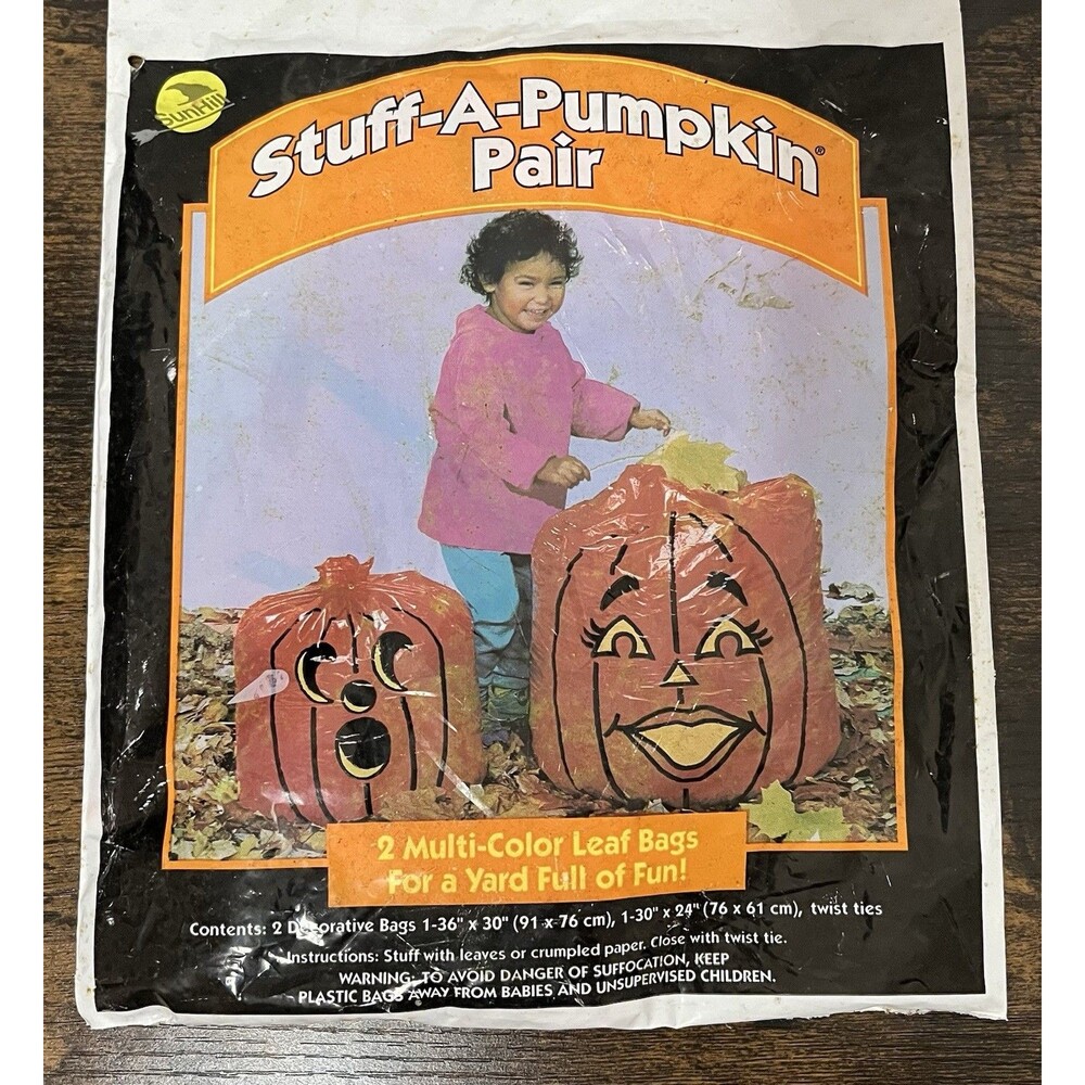Vintage 1996 Stuff-A-Pumpkin Pair Leaf Bags Fall Halloween Decor NOS New in Pkg.